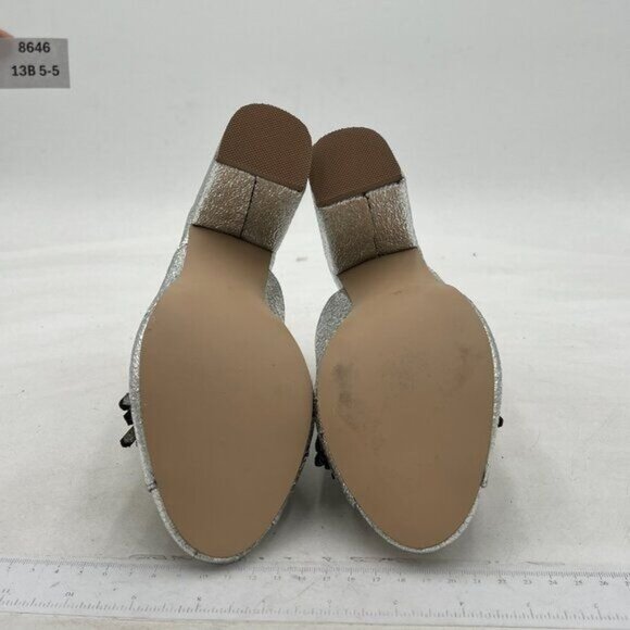 XYD Silver Open Toe Mules with Fringe Slip On High Chunky Heels Summer Sandals - Picture 7 of 8